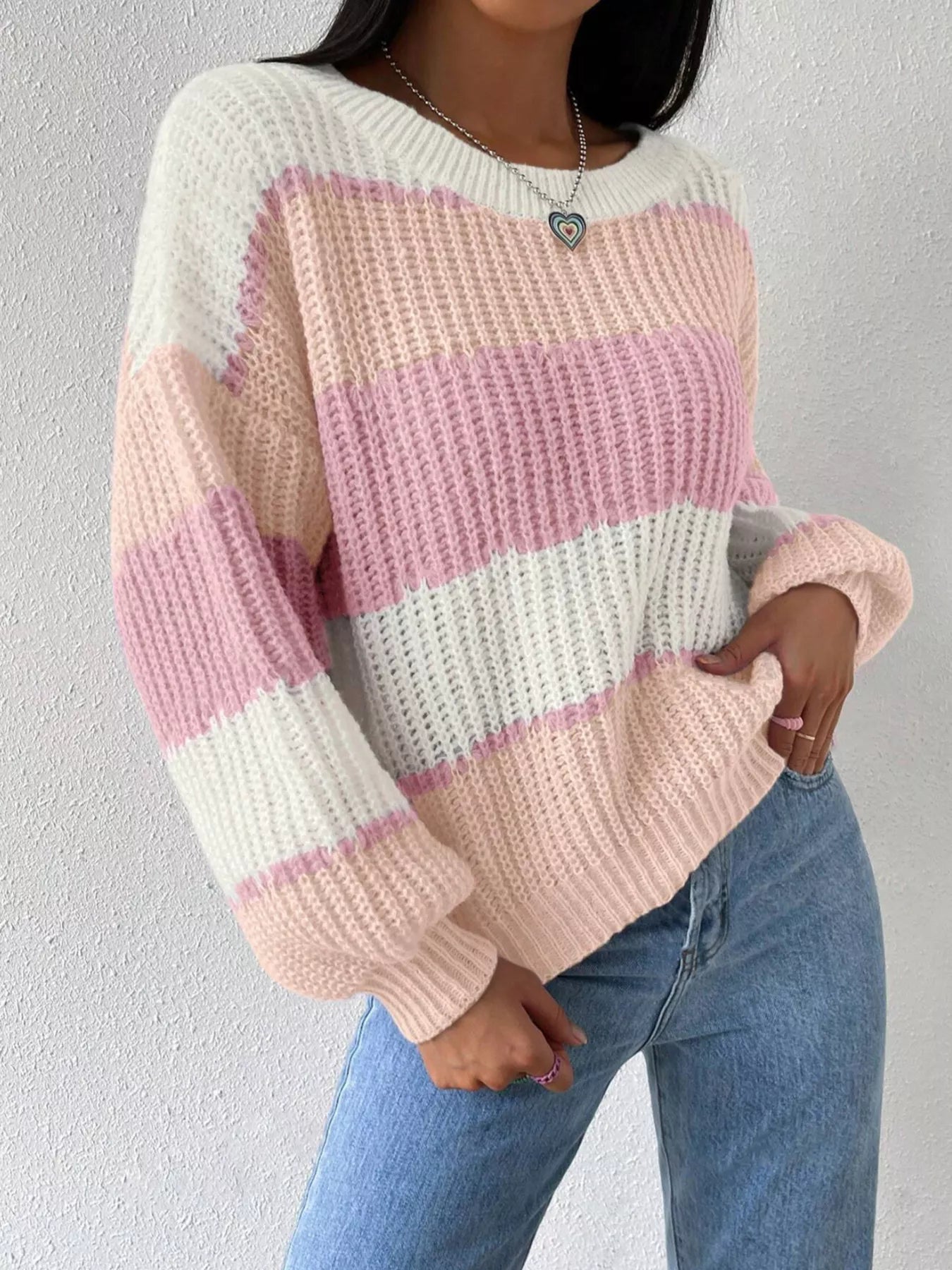 Striped Knit Round Neck Sweater Pink
