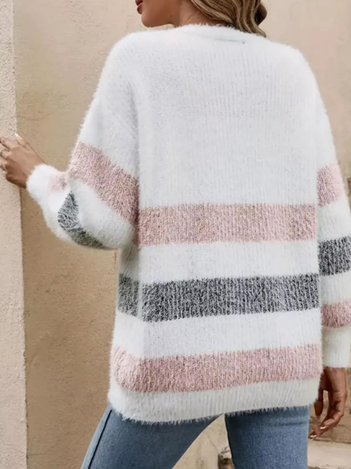 Striped Fuzzy Knit Button-Up Cardigan