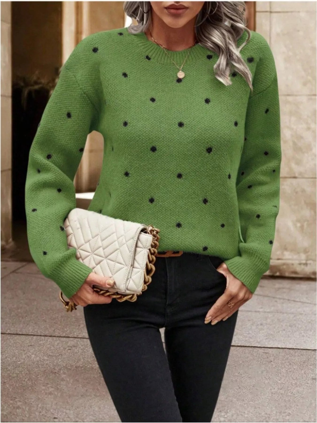 Polka Dot Round Neck Sweater Sage