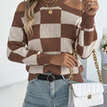 Cold Shoulder Checkered Long Sleeve Sweater