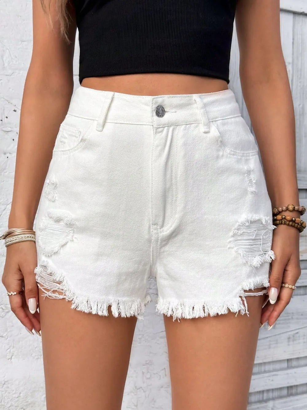 Distressed Raw Hem High Rise Denim Shorts