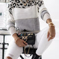 Full Size Leopard Color Block Long Sleeve Sweater Plus Size Apricot