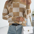 Cold Shoulder Checkered Long Sleeve Sweater
