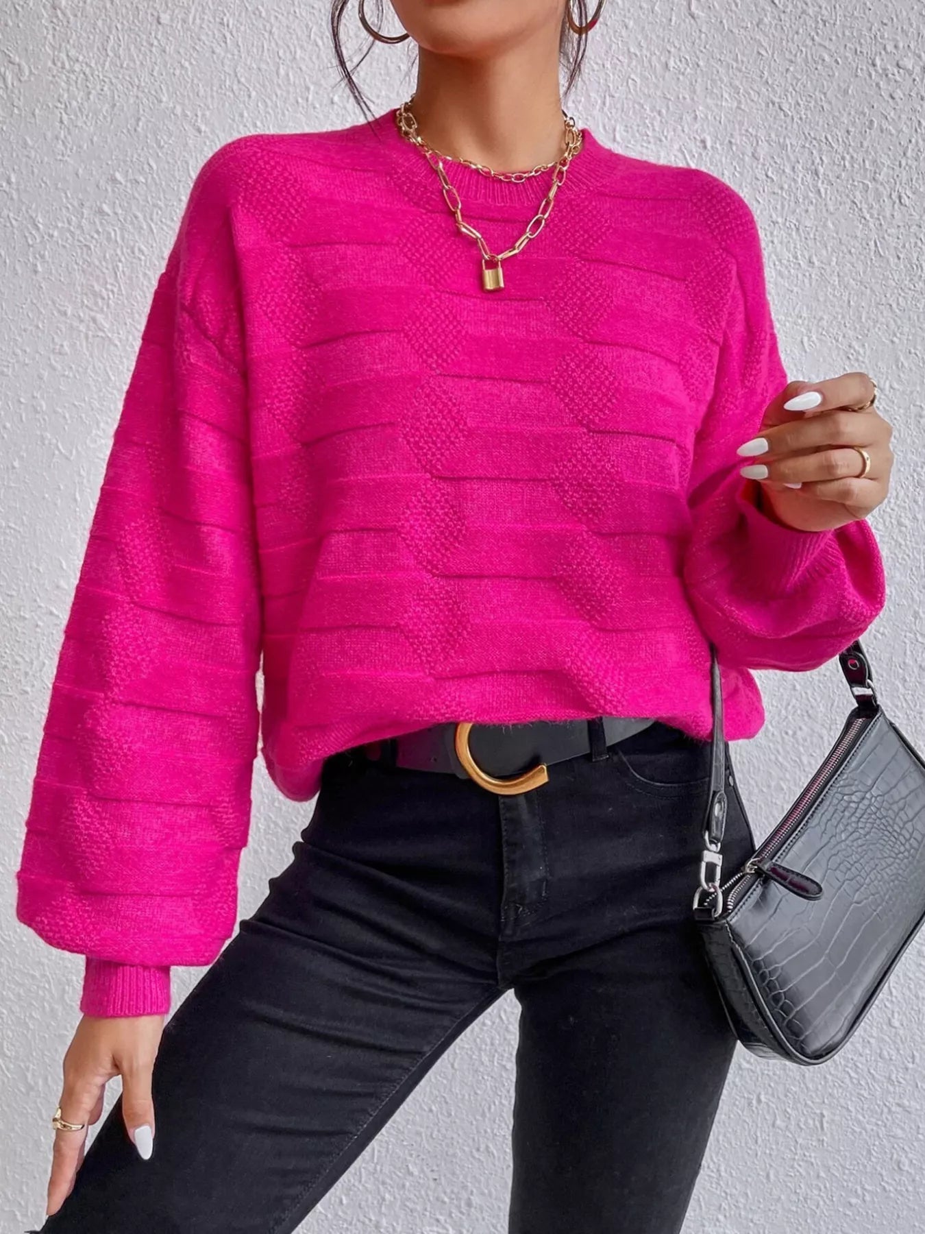 Textured Knit Round Neck Sweater