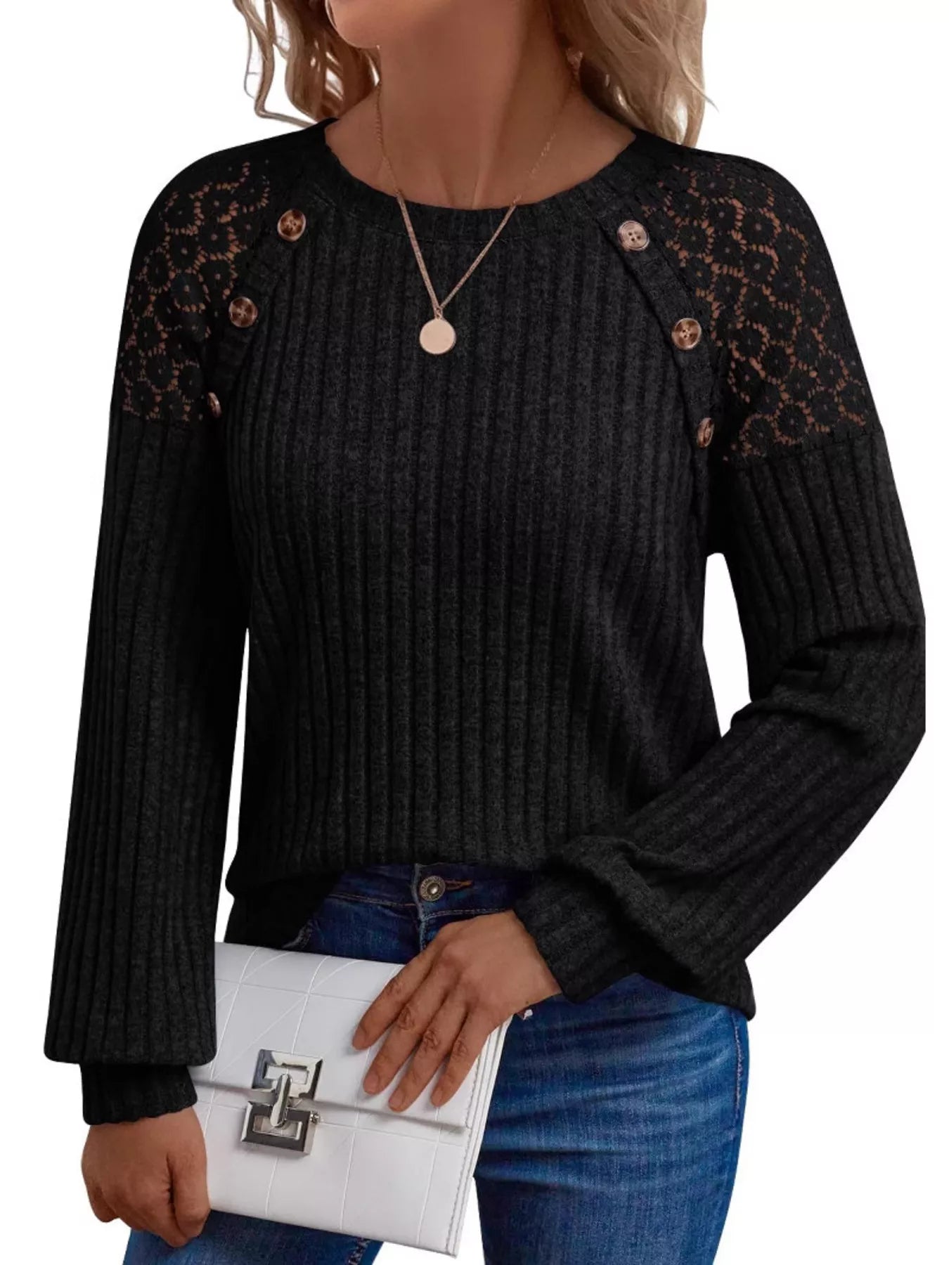 Ribbed Knit T-Shirt with Lace Shoulder Detail