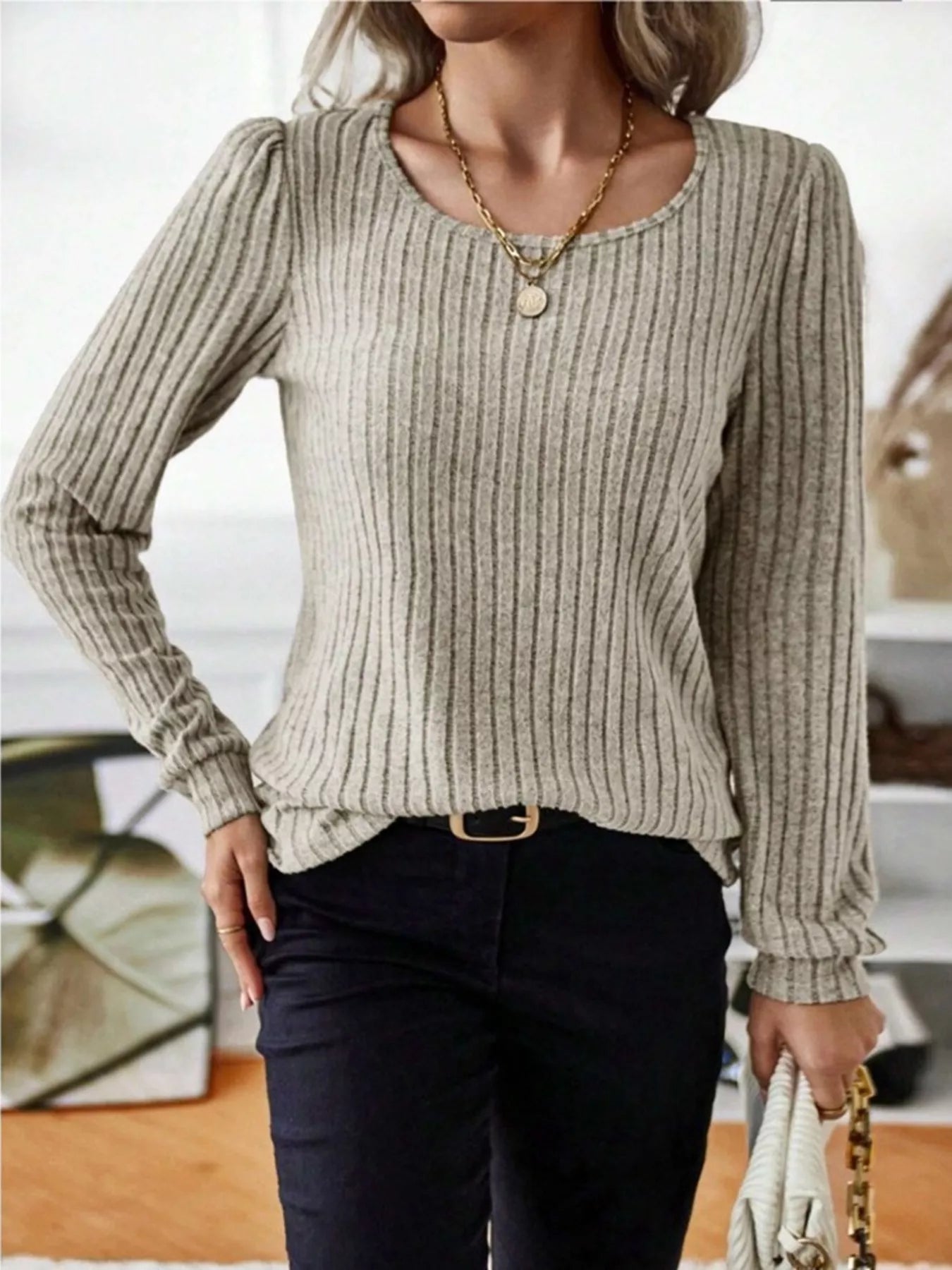 Ribbed Knit Long Sleeve T-Shirt