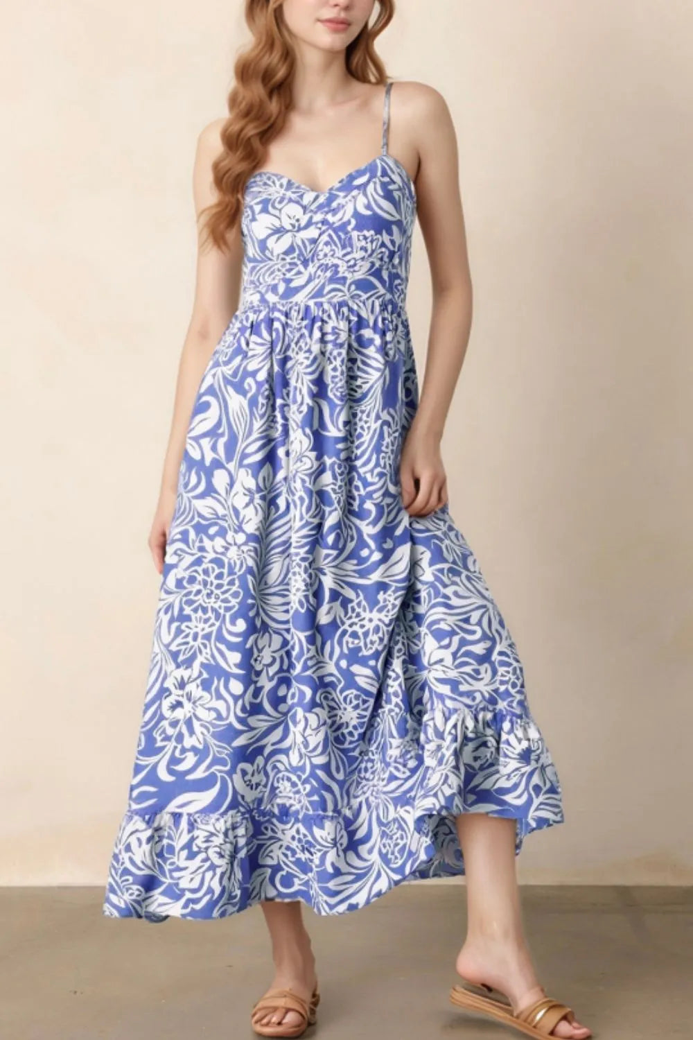 Floral Print Spaghetti Strap High Waist Dress Dusty Blue
