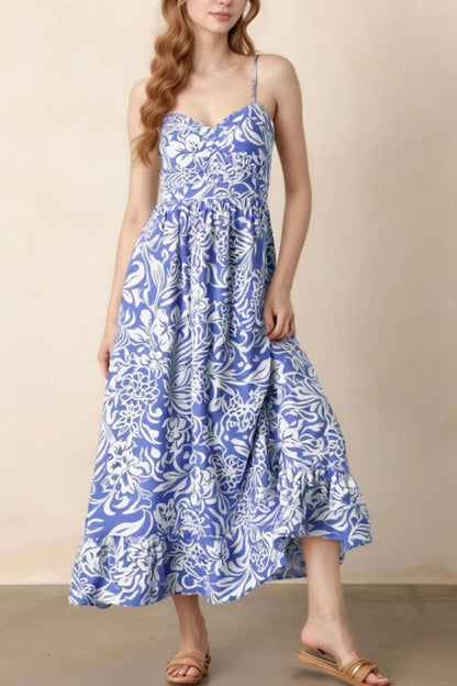 Floral Print Spaghetti Strap High Waist Dress Dusty Blue