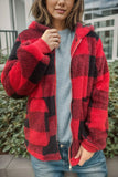 Double Take Full Size Plaid Long Sleeve Hooded Coat Red