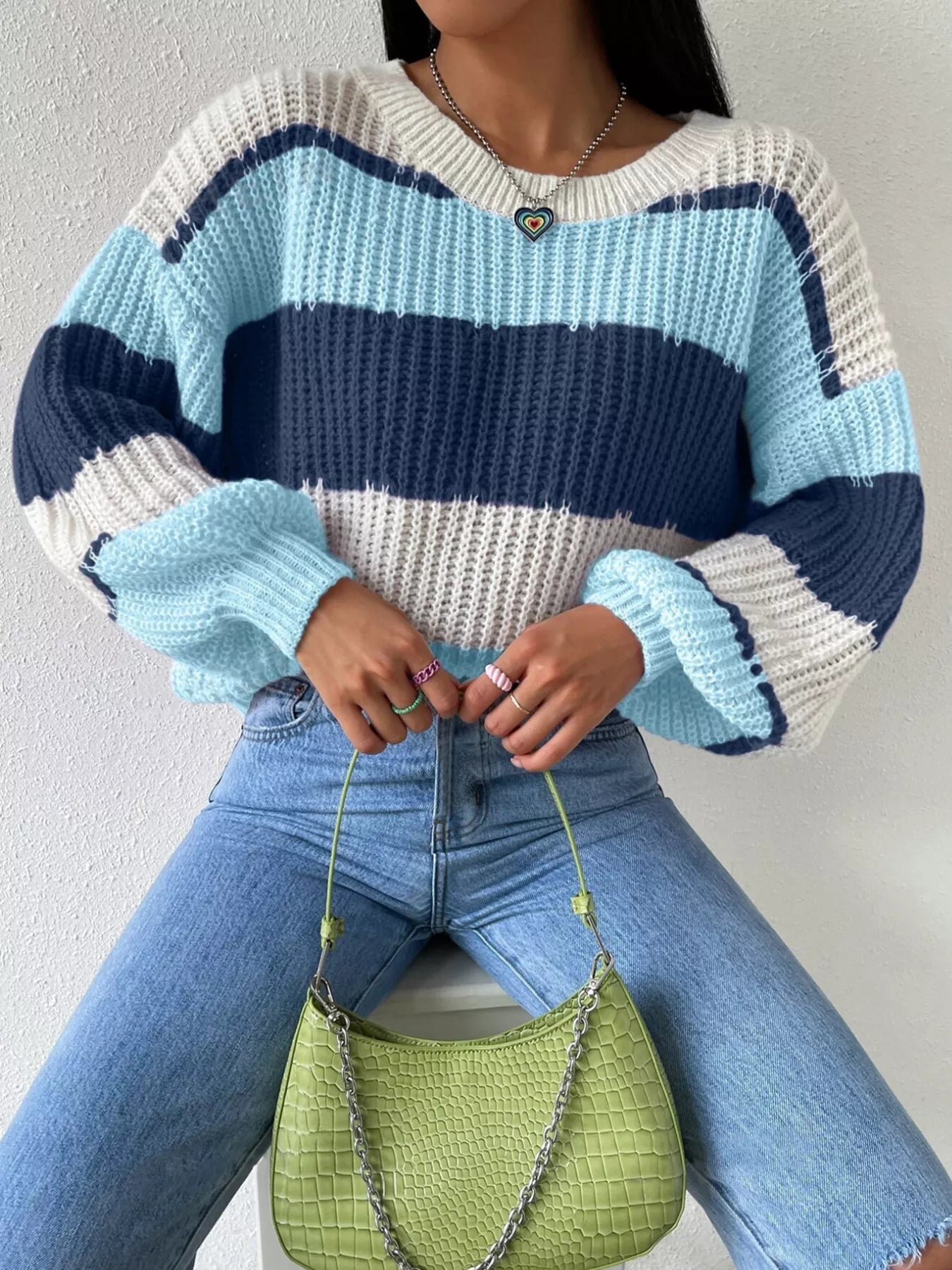 Striped Knit Round Neck Sweater Blue
