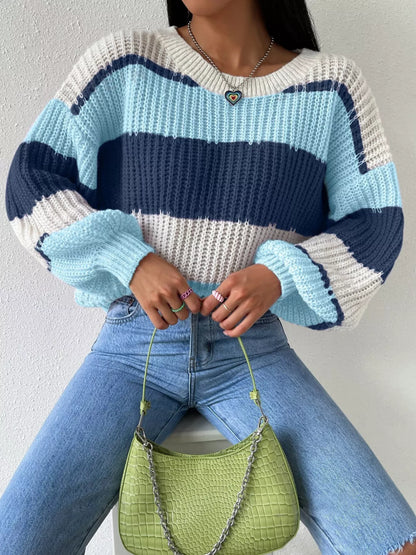 Striped Knit Round Neck Sweater Blue