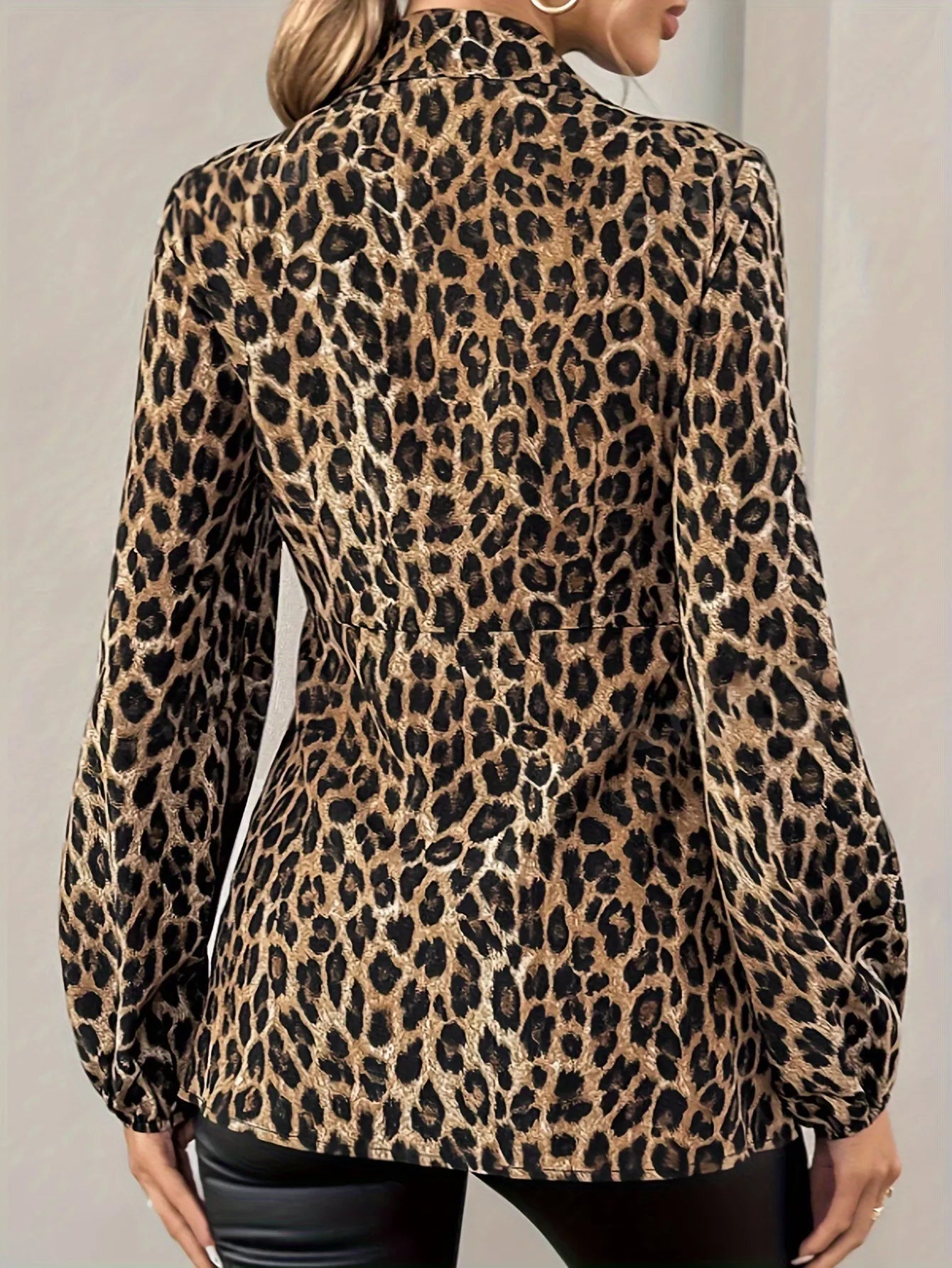 Leopard Print Tie Front Long Sleeve Blouse