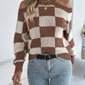 Cold Shoulder Checkered Long Sleeve Sweater