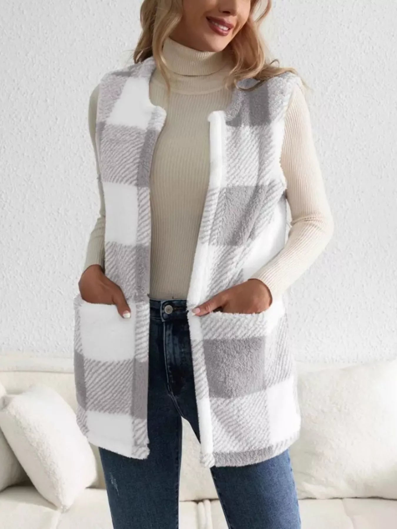 Cozy Plaid Sherpa Vest Coat