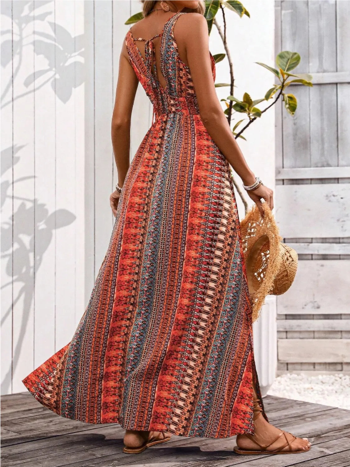 Tied Back Printed Sleeveless Maxi Slit Dress