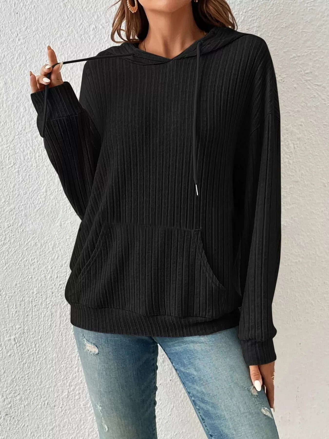 Ribbed Knit Long Sleeve Hoodie Black