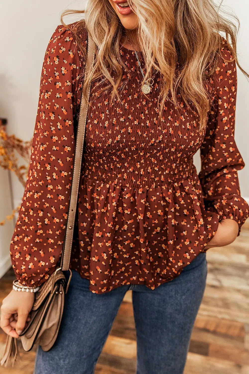 Floral Smocked Ruffle Hem Long Sleeve Blouse Brick Red