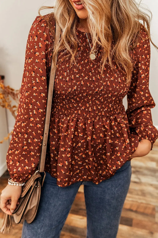 Floral Smocked Ruffle Hem Long Sleeve Blouse Brick Red