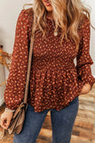 Floral Smocked Ruffle Hem Long Sleeve Blouse Brick Red