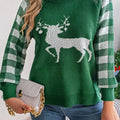 Reindeer Plaid Round Neck Long Sleeve Sweater Dark Green