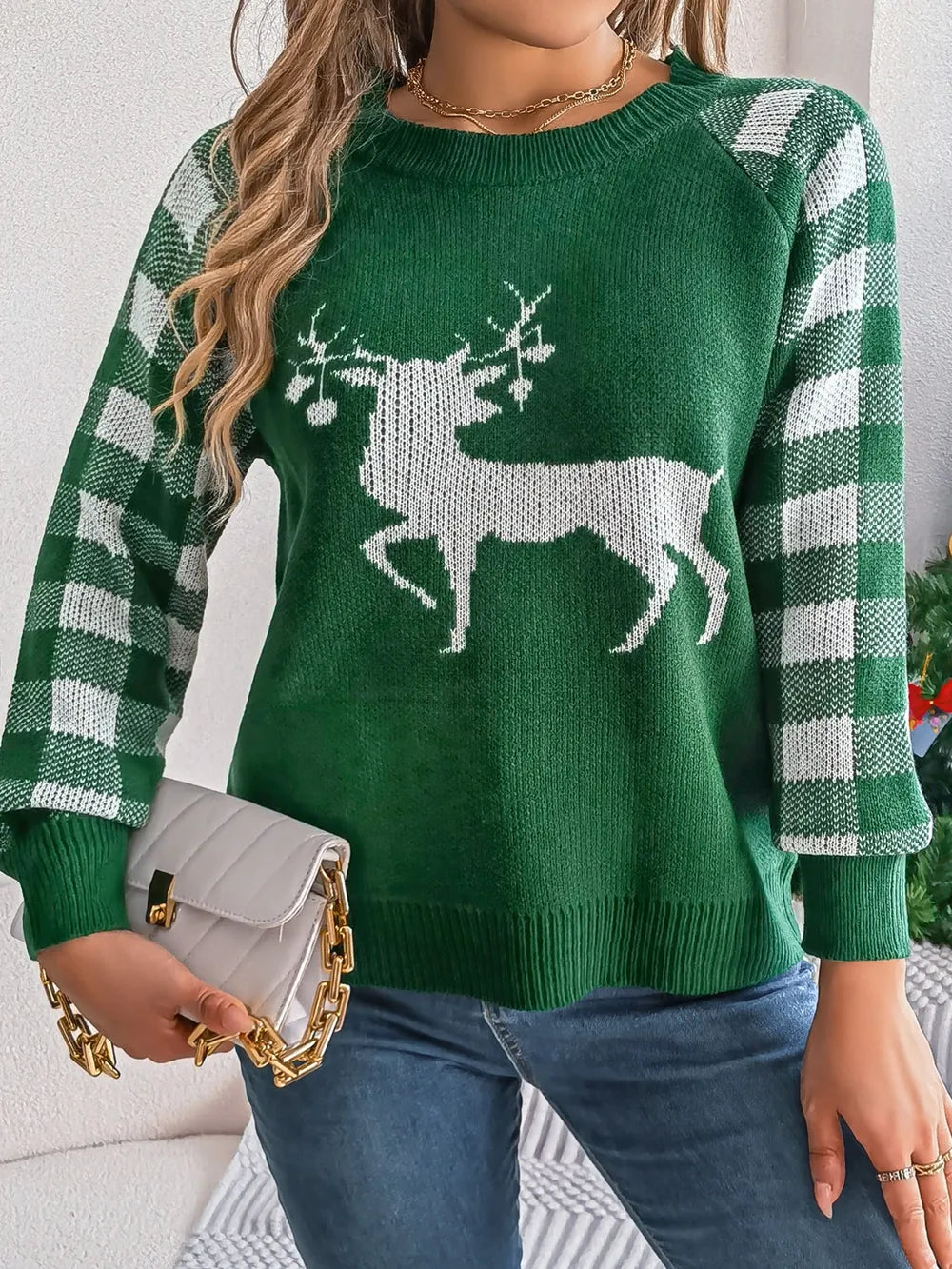 Reindeer Plaid Round Neck Long Sleeve Sweater Dark Green