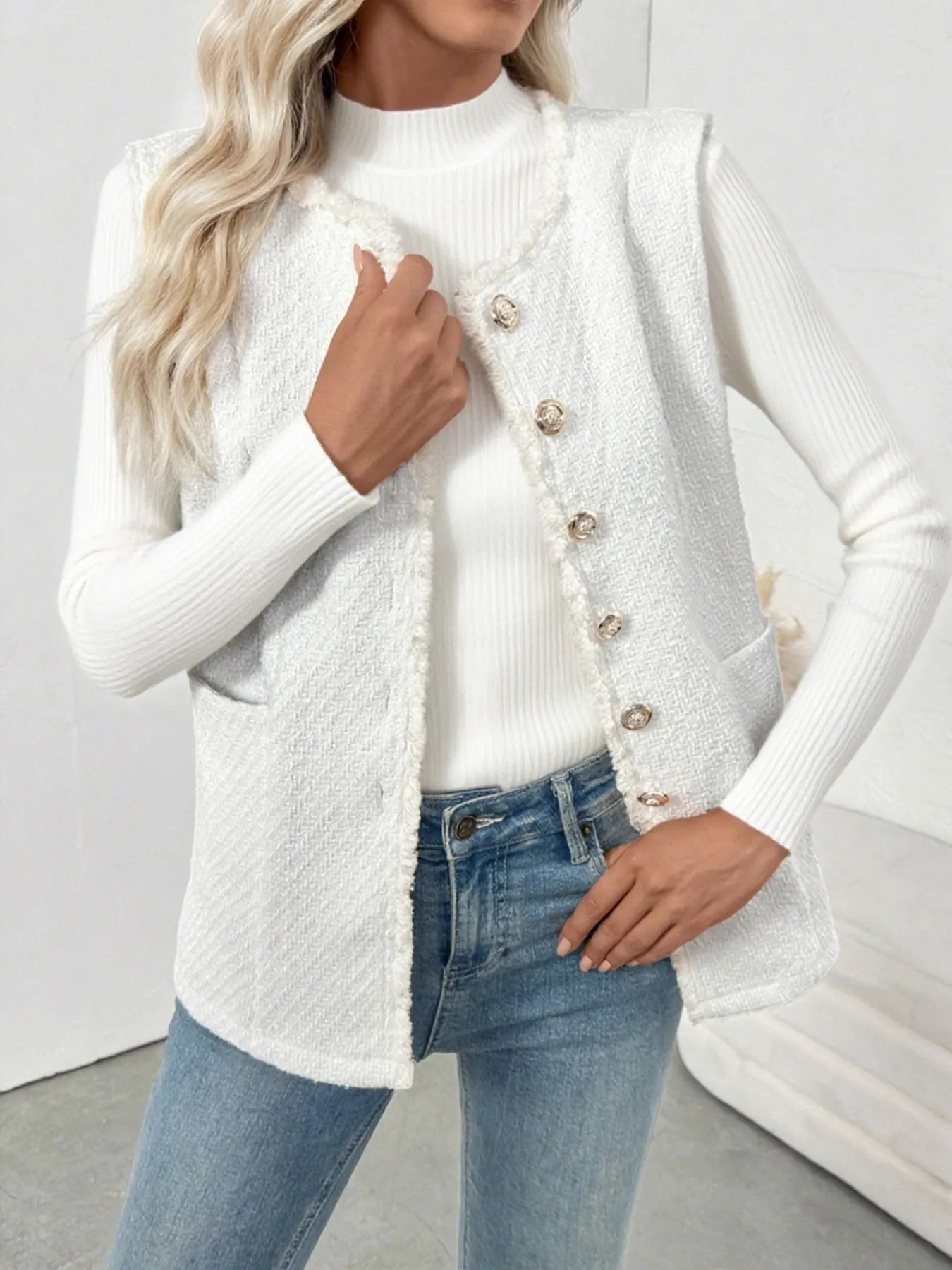 Textured Button-Front Vest with Raw Edge