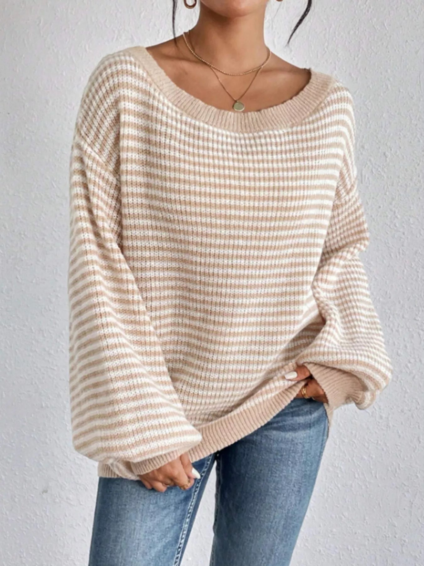Striped Boat Neck Long Sleeve Sweater