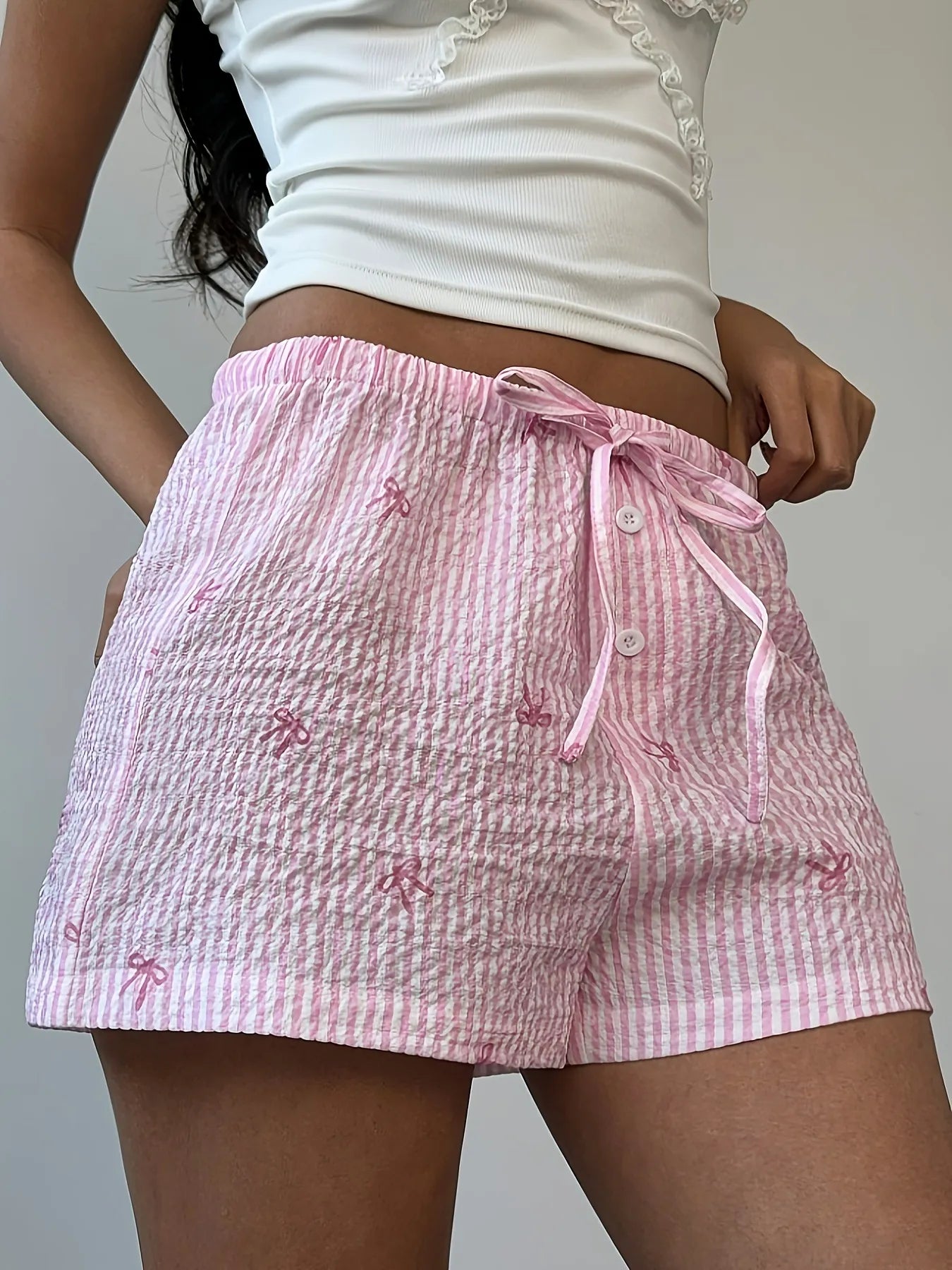 Bow Striped Drawstring Casual Shorts Pink Plaid