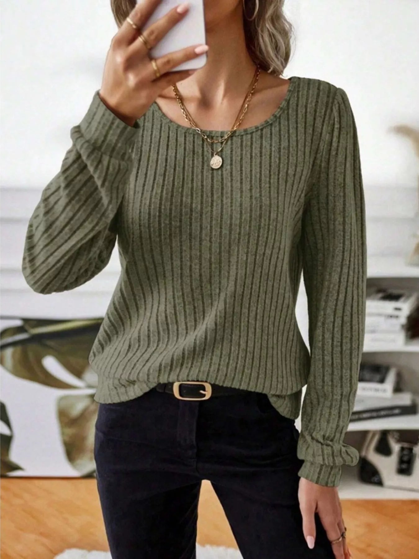 Ribbed Knit Long Sleeve T-Shirt