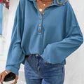 Half Button Collared Neck Long Sleeve Top Dusty Blue