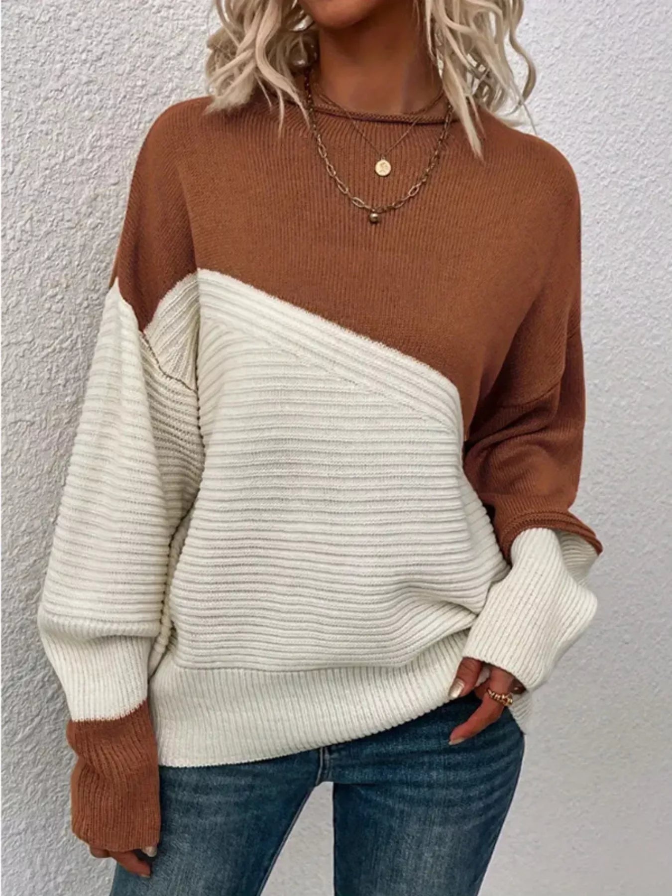 Color Block Ribbed Knit Sweater