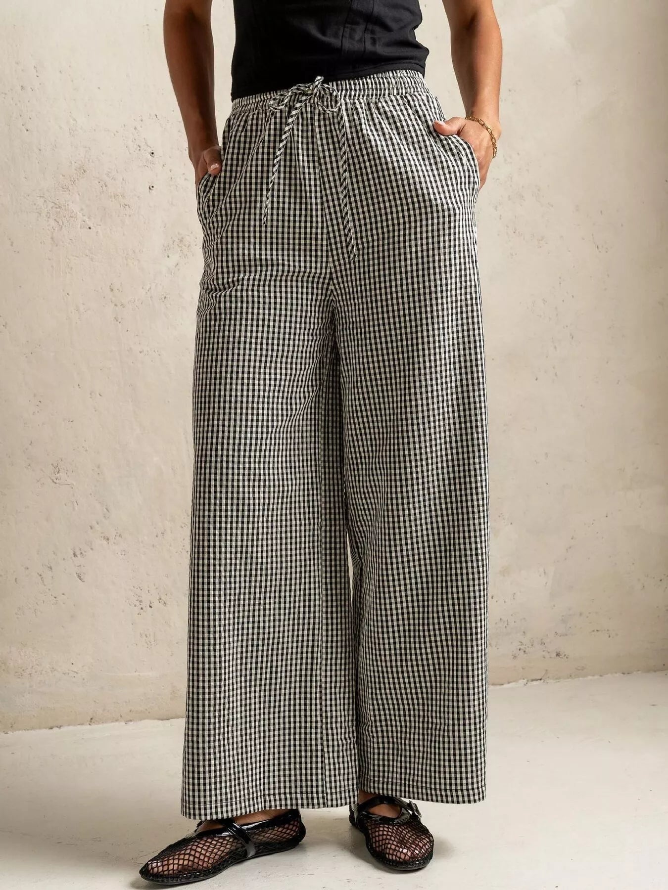 Gingham Print Wide Leg Casual Pants