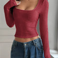 Ribbed Long Sleeve Crop T-Shirt Deep Red