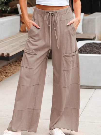Mineral Wash Exposed Seam Drawstring Elastic Waistband Wide Leg Cargo Pants Mocha