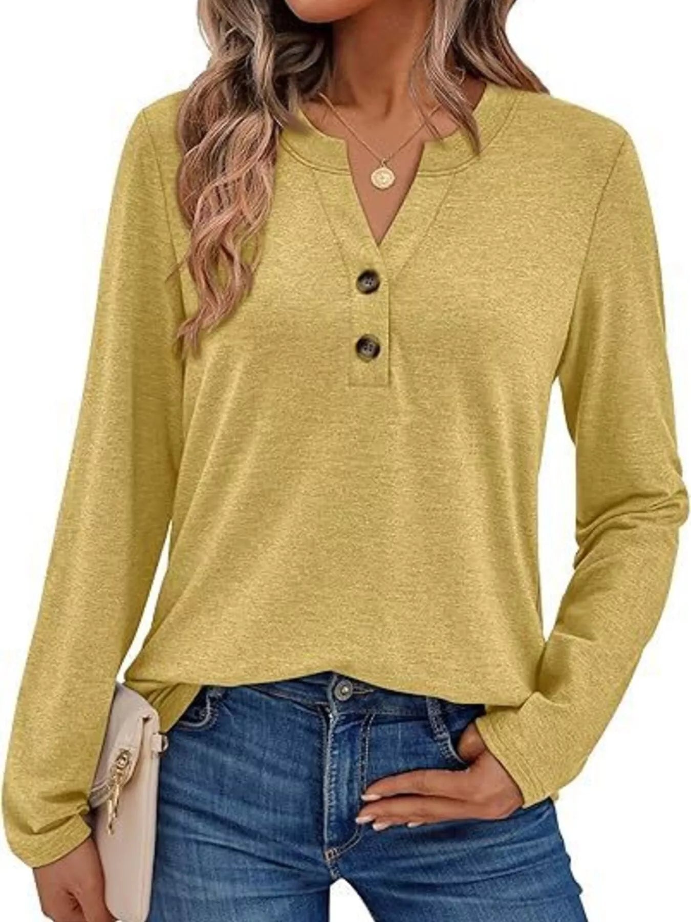 Casual Long Sleeve Button Detail T-Shirt Ochre