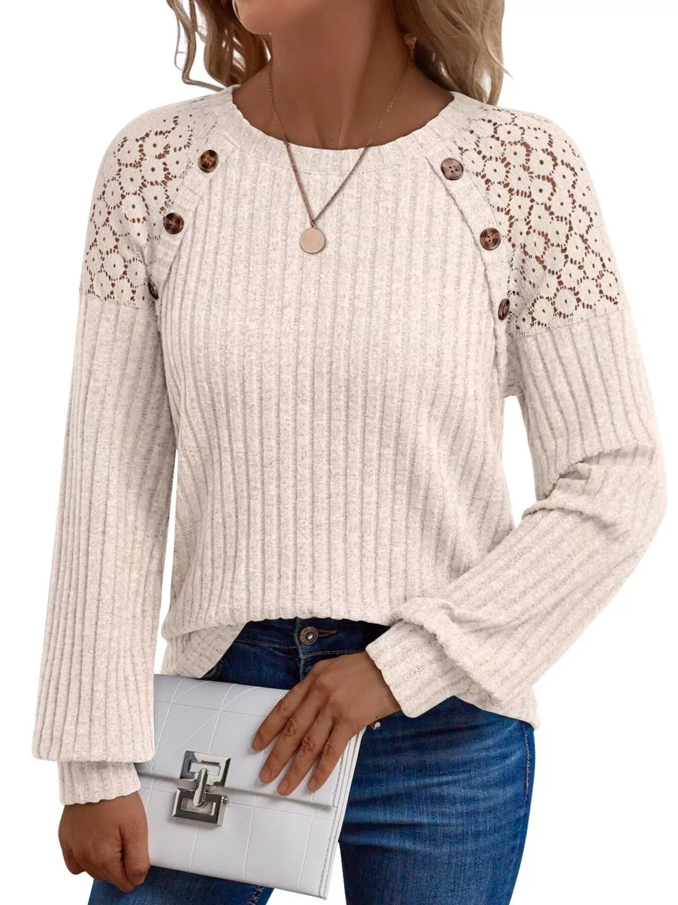 Ribbed Knit T-Shirt with Lace Shoulder Detail