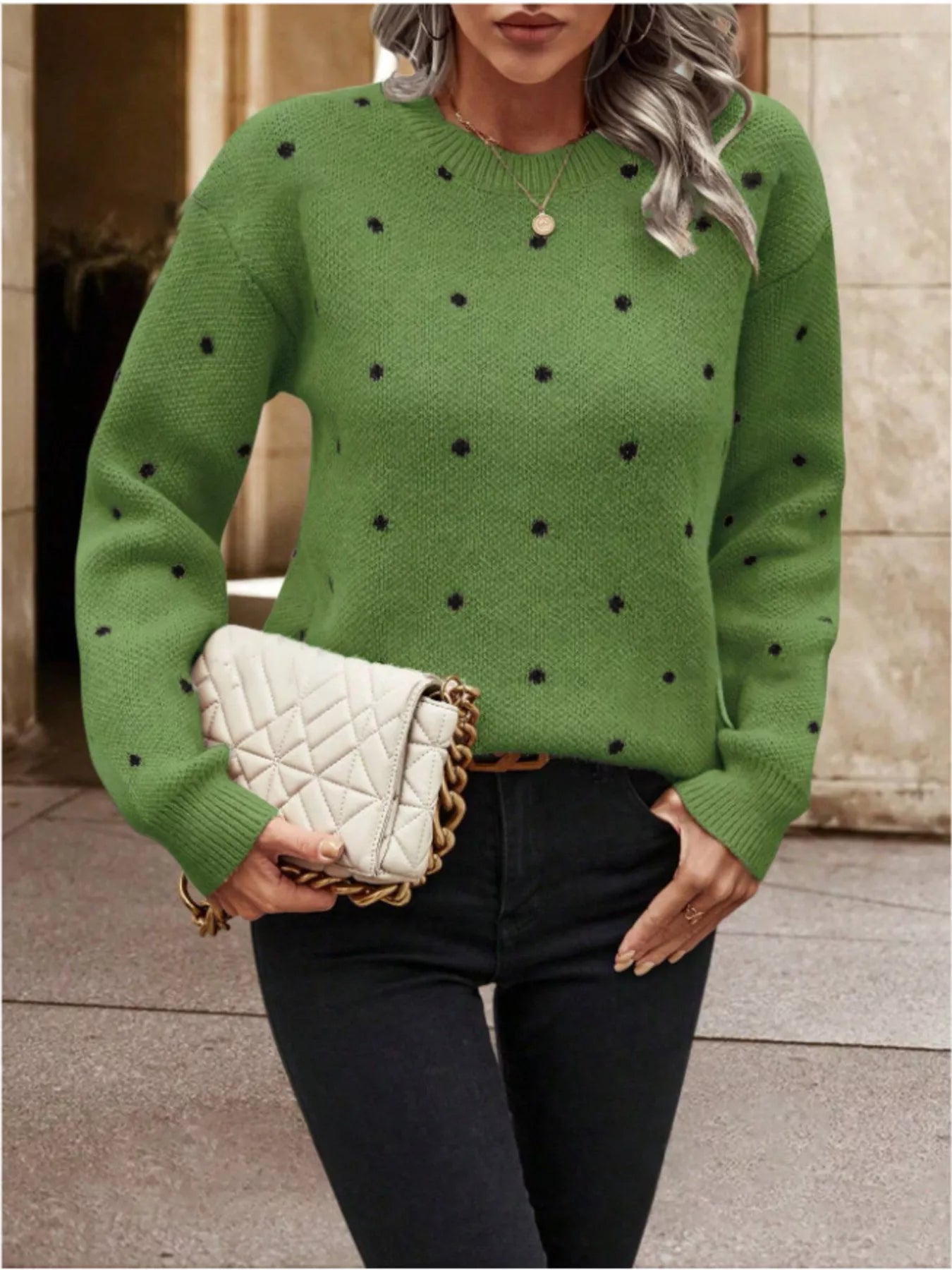 Polka Dot Long Sleeve Sweater Dark Green