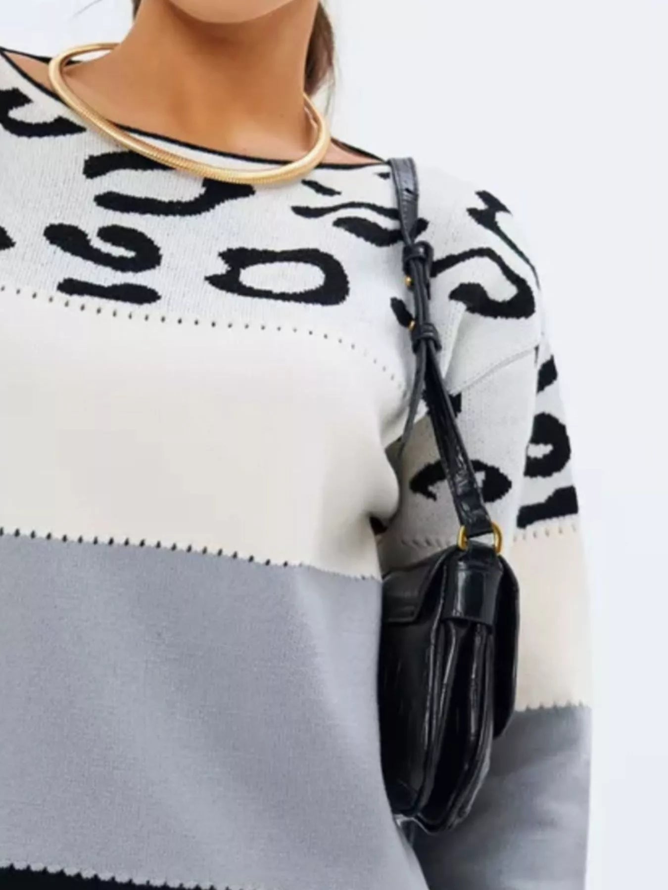 Full Size Leopard Color Block Long Sleeve Sweater Plus Size