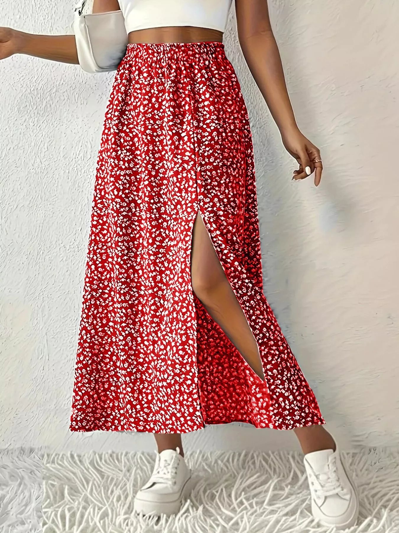 Slit Printed Skirt Red