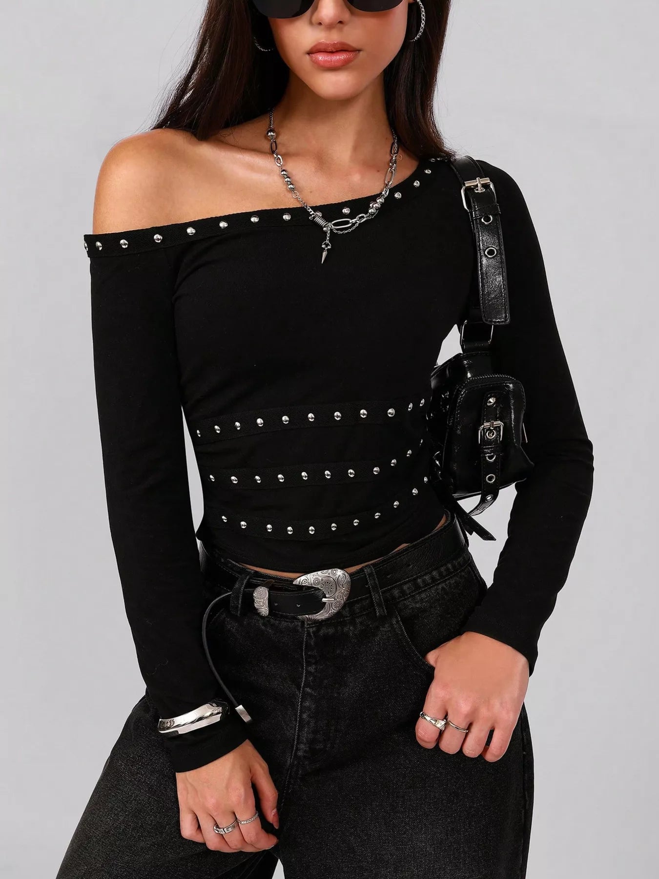 Studded One Shoulder Long Sleeve T-Shirt Black
