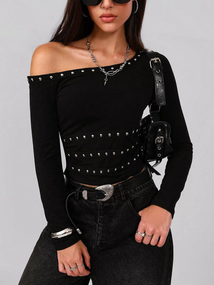 Studded One Shoulder Long Sleeve T-Shirt Black