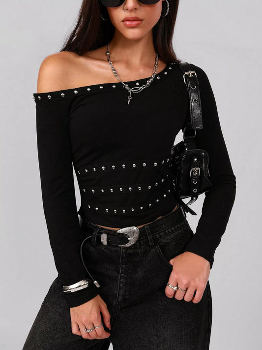 Studded One Shoulder Long Sleeve T-Shirt Black