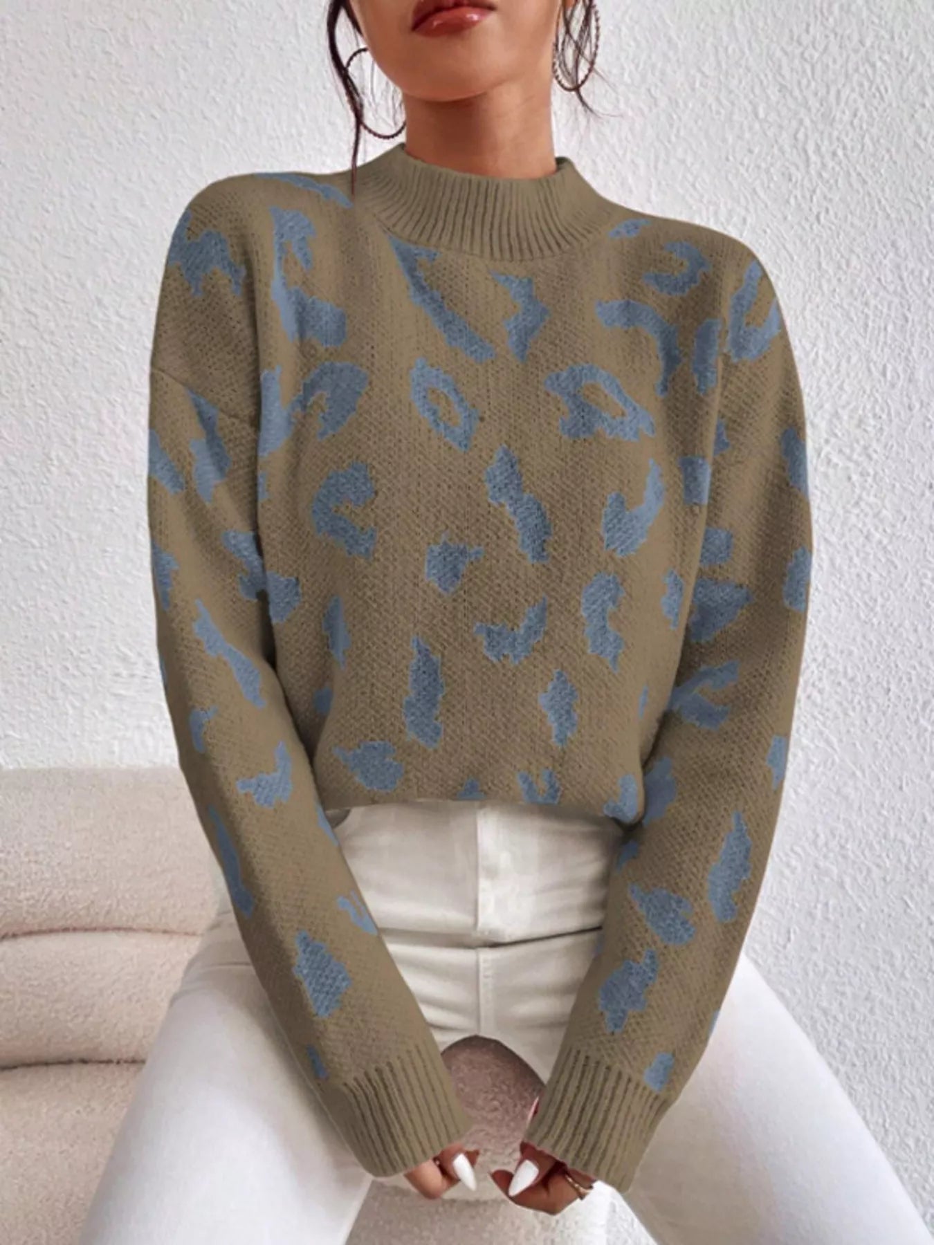 Leopard Mock Neck Sweater Camel