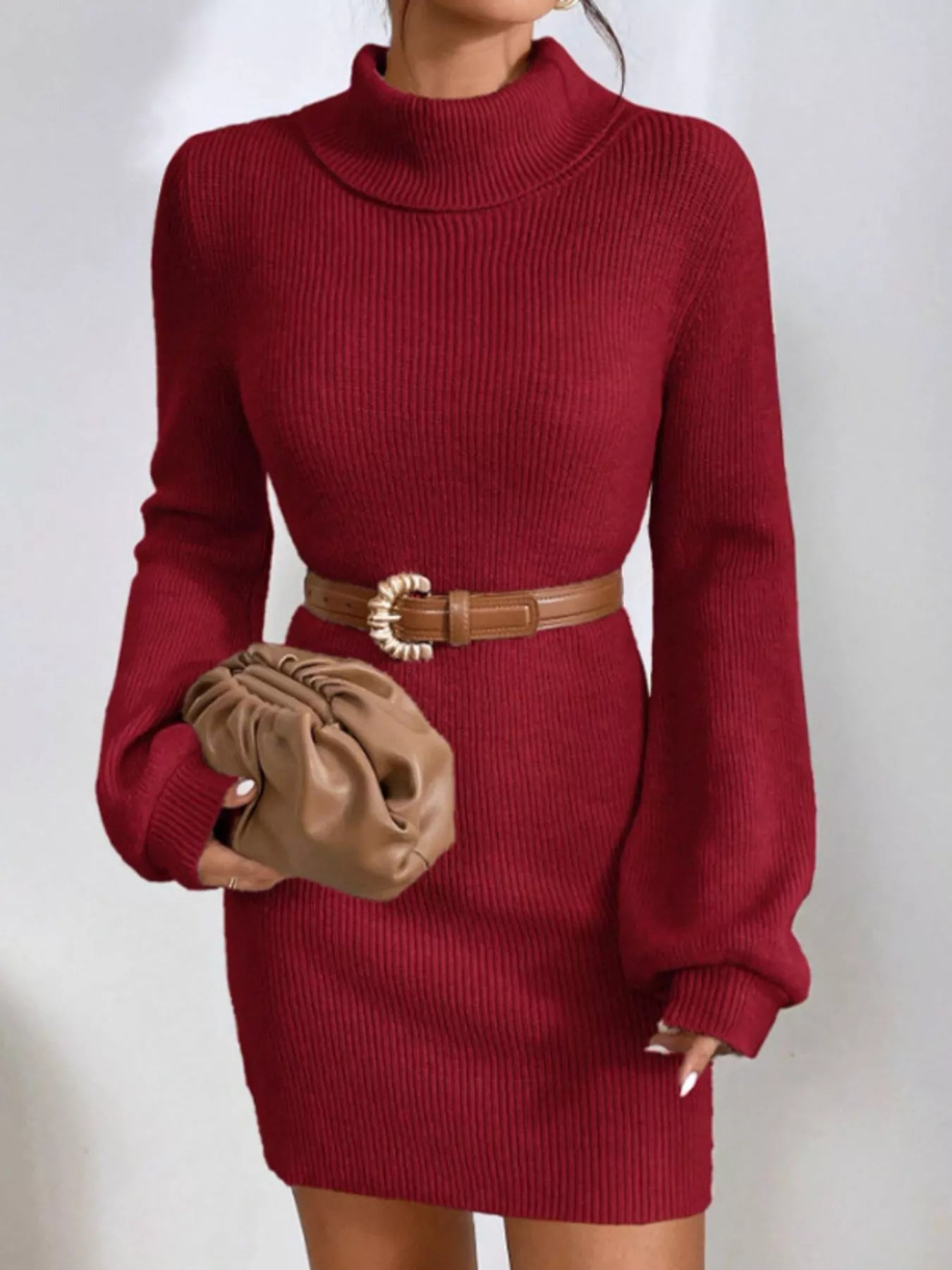 Turtleneck Ribbed Knit Sweater Dress