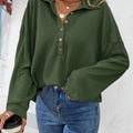 Half Button Collared Neck Long Sleeve Top Army Green