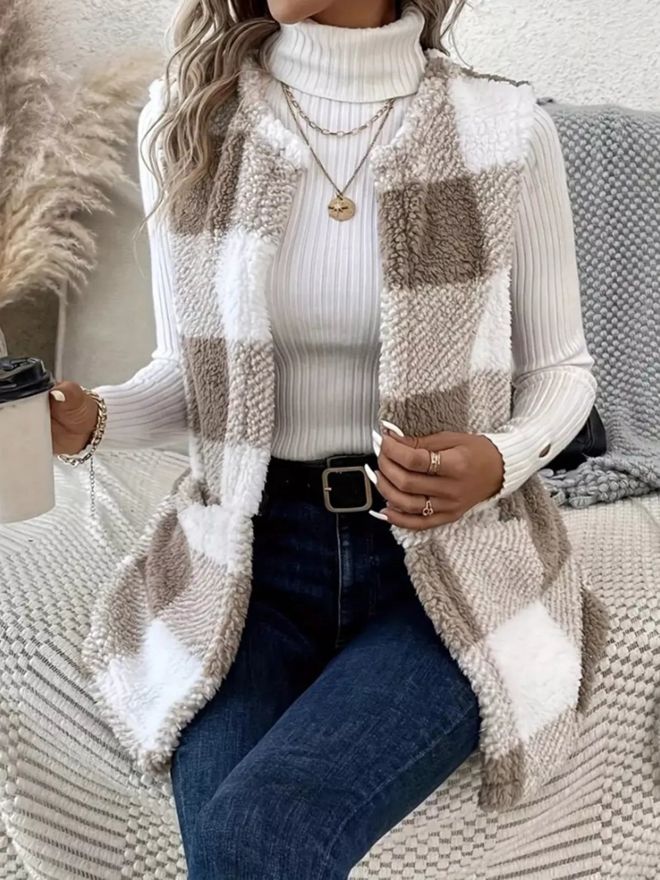 Cozy Plaid Sherpa Vest Coat