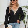Lace Detail V-Neck Ribbed Blouse Black