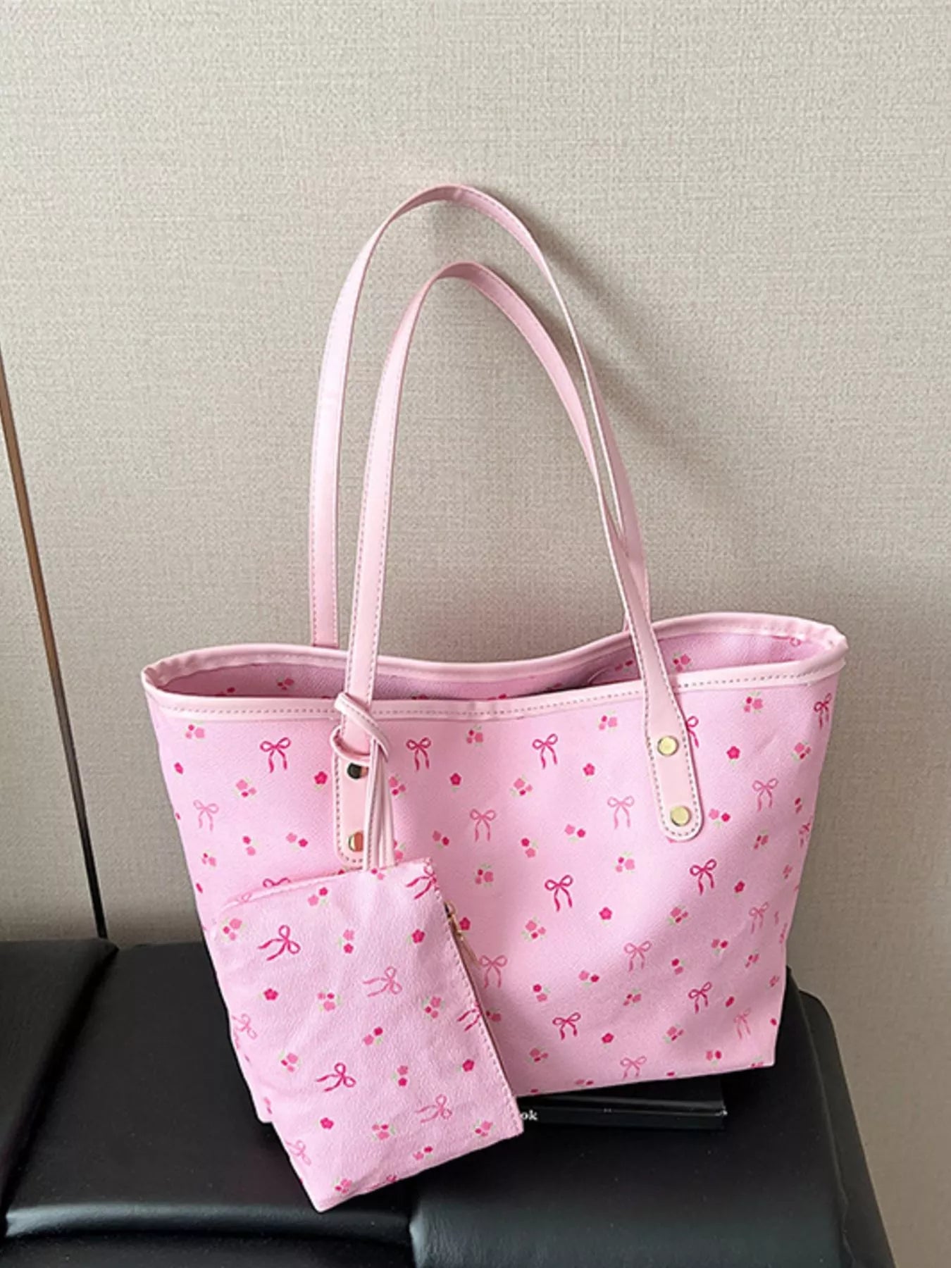 Printed Tote Shoulder Bag with Pouch Pink onesize