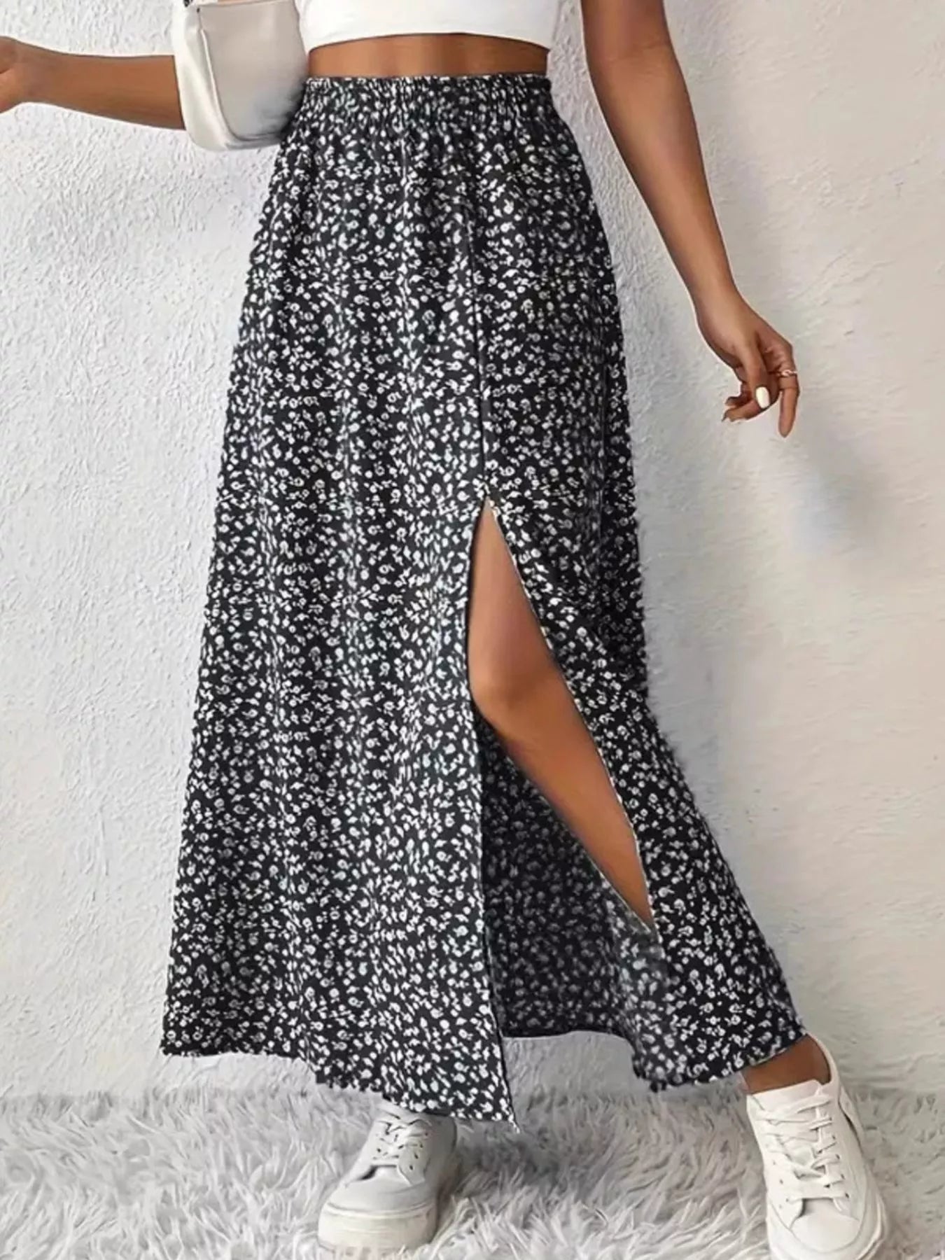 Slit Printed Skirt Black