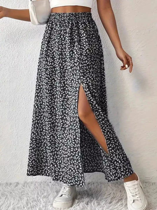 Slit Printed Skirt Black